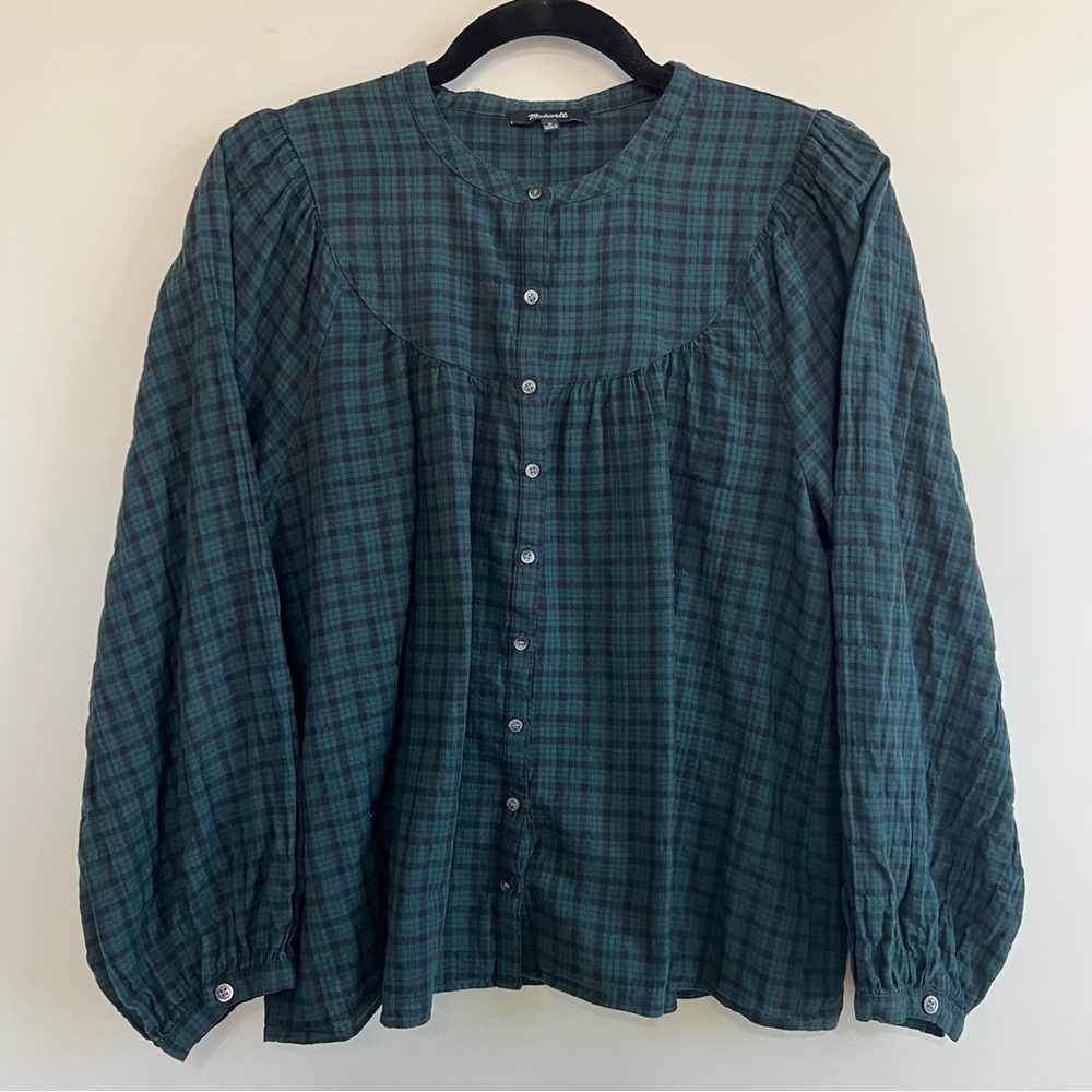Madewell Forest Green Plaid Button Front Peasant Blouse Size M